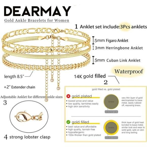 Gold Ankle Bracelet Set for Women Waterproof Layered Cuban Link Anklets Gift - Picture 2 of 7